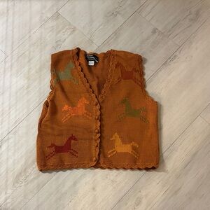 Vintage sweater button up vest with horse pattern and scallop detail